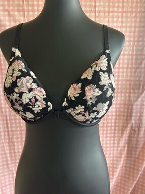 Victoria's Secret Black Lace Plunge Bra with Pink & Cream Floral Embroidery